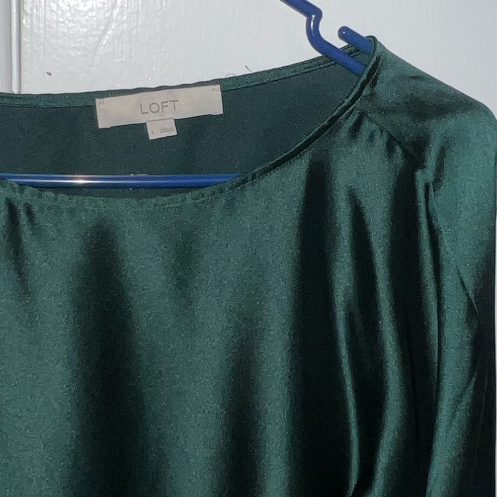 LOFT Dark Green Satin Round-Neck cropped Blouse